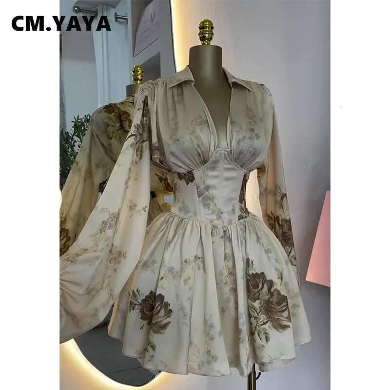 Women V-neck Long Sleeve Pleated Floral Print Mini Dress Backless Elegant Birthday Beach Night Party Vestidos Dresses