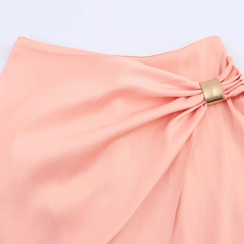TRAF Pink Pleated Skirt Set 2 Piece Woman Satin High Waist Midi Women Backless Halter Crop Top Female Beach Womens Skirts 250515