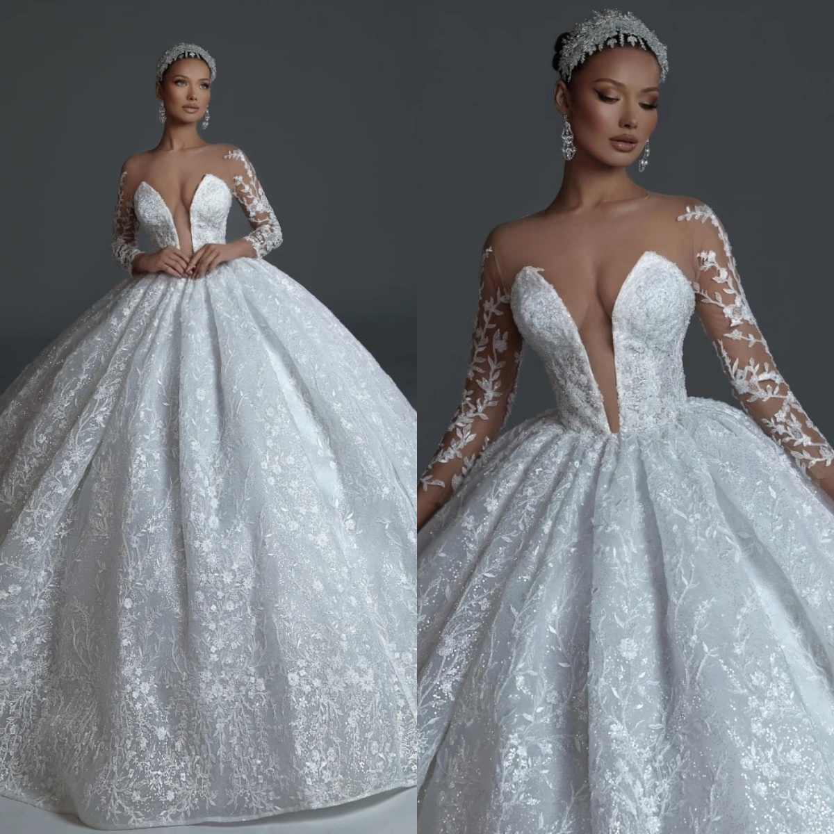 Sexy Ball Gown Wedding Dress Sheer V Neck Long Sleeves Bridal Gowns Sequins Appliques Sweep Train Dresses Custom Made vestidos de novia