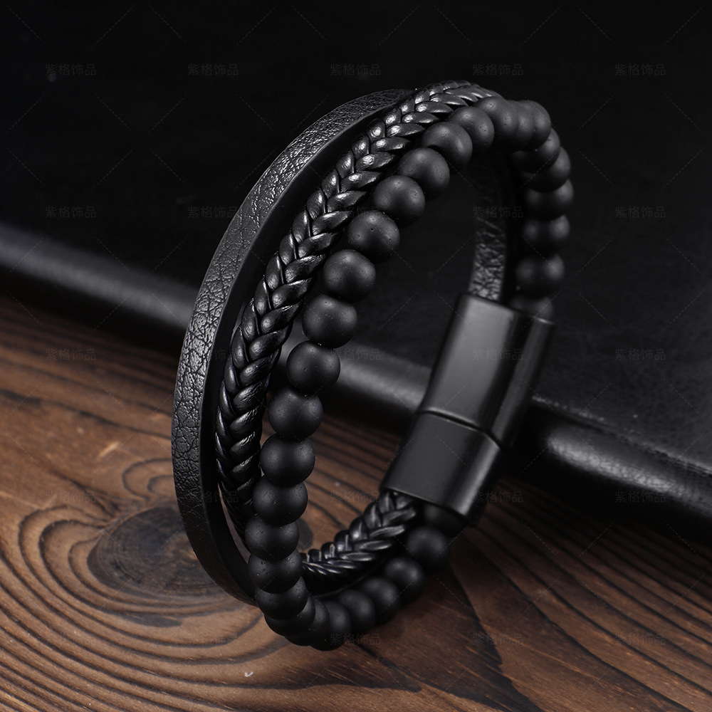Handcrafted Men's Beaded Bracelet with Natural Tiger Eye Stones & Stainless Steel Cross - Leather & Alloy Material for Stylish Fashion Accessorie