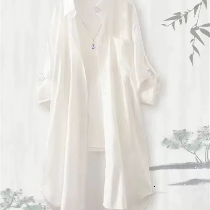 Large size loose and breathable Midi shirt Korean casual autumn womens simple solid long sleeved w250506