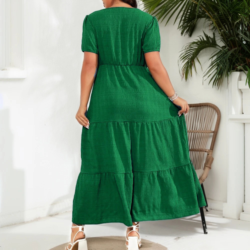 Plus Size Womens Puff Sleeve A-Lined Maxi Dress Ladies Square Neck Pockets Summer Beach Holiday Sundress 0XL 1XL 2XL 3XL 4XL 250509