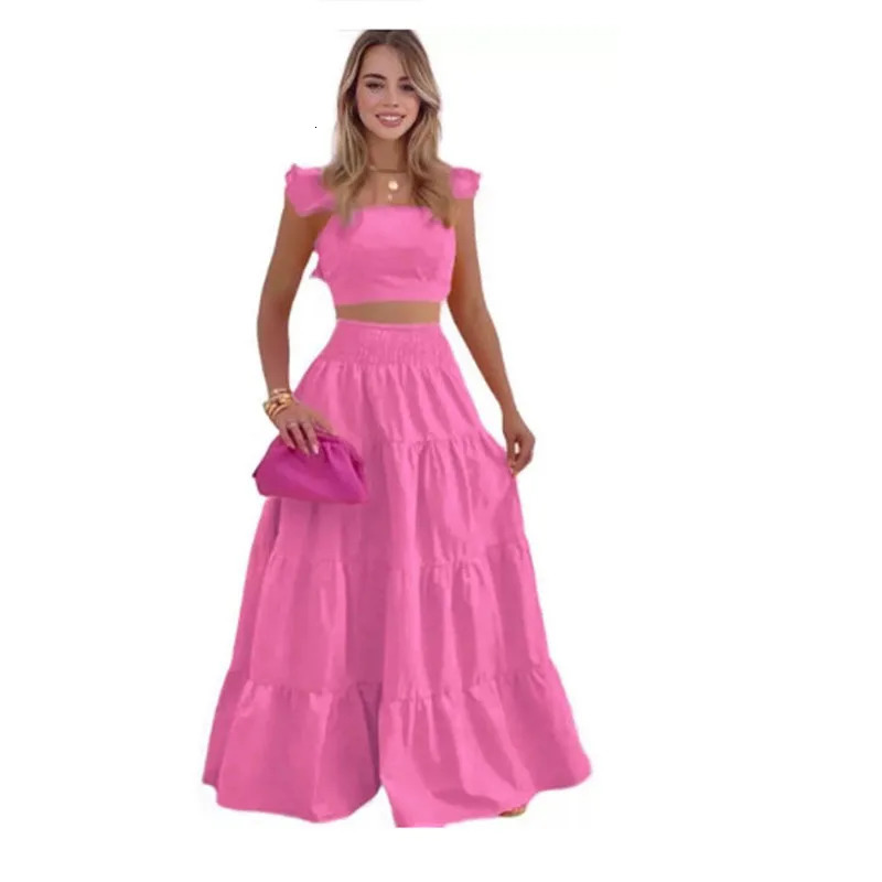 Dress Set Twopiece Womens Clothing Solid Color Sexy Suspender Large Swing Skirt Short Sleeved Square Neck Top Summer Outfits 250515