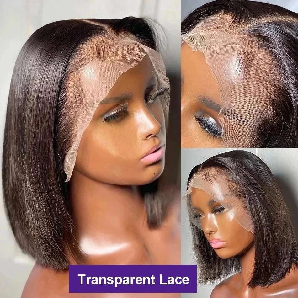 Human 13X4 Front 180% Density Short Straight Frontal Bob Wig Transparent Lace Pre Plucked With Baby Hair