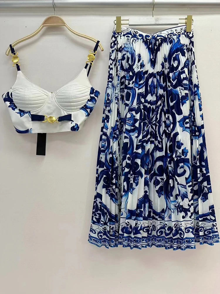 summer womens retro geometric print sexy suspender strapless top twopiece setelastic waist loose skirt fashion set 250515
