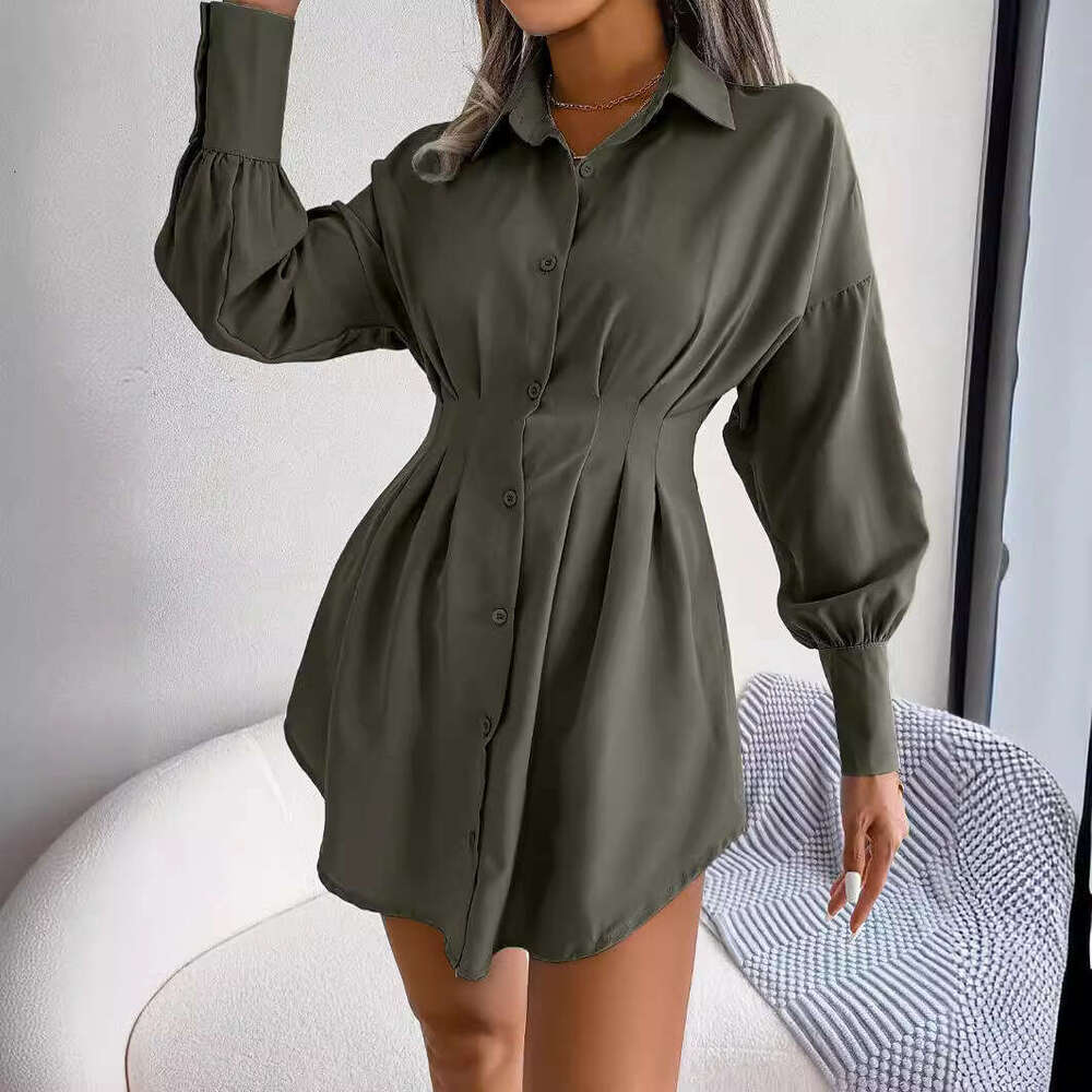 Ins style real-life photos of spring and summer lantern sleeves, waist cinched asymmetrical dress, shirt skirt, women's clothing, 2025 new casual