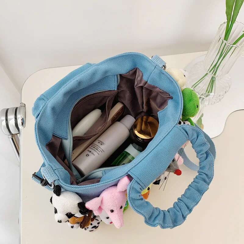 Y2k Denim Cartoon Doll Decoration Shoulder Casual Canvas Crossbody Trendy Tote Bag Fashion Design Handbag Cute Women Purses