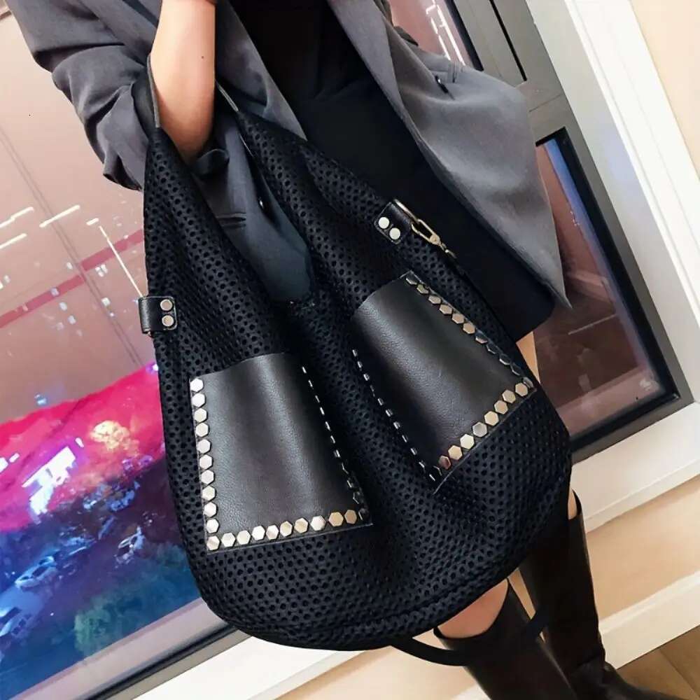 Retro mesh handbag, capacity shoulder punk style rivet stray bag, large women's bag