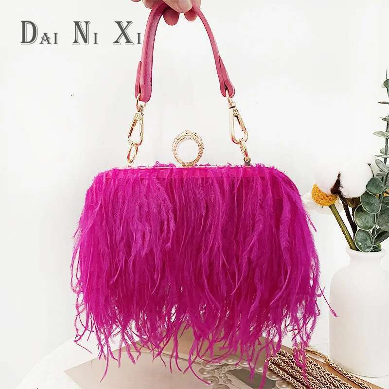 Fashion Ostrich Fuax Fur Feather Wallet Clutch Bag Ladies Dia Knuckle Rings Dinner Party Wedding Purse Chic