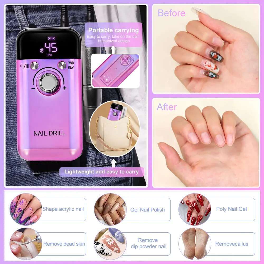 45000RPM Electric Drill hine Professional Drills for Gel Nails Polish Rechargeable Portable Nail File Manicure Tool