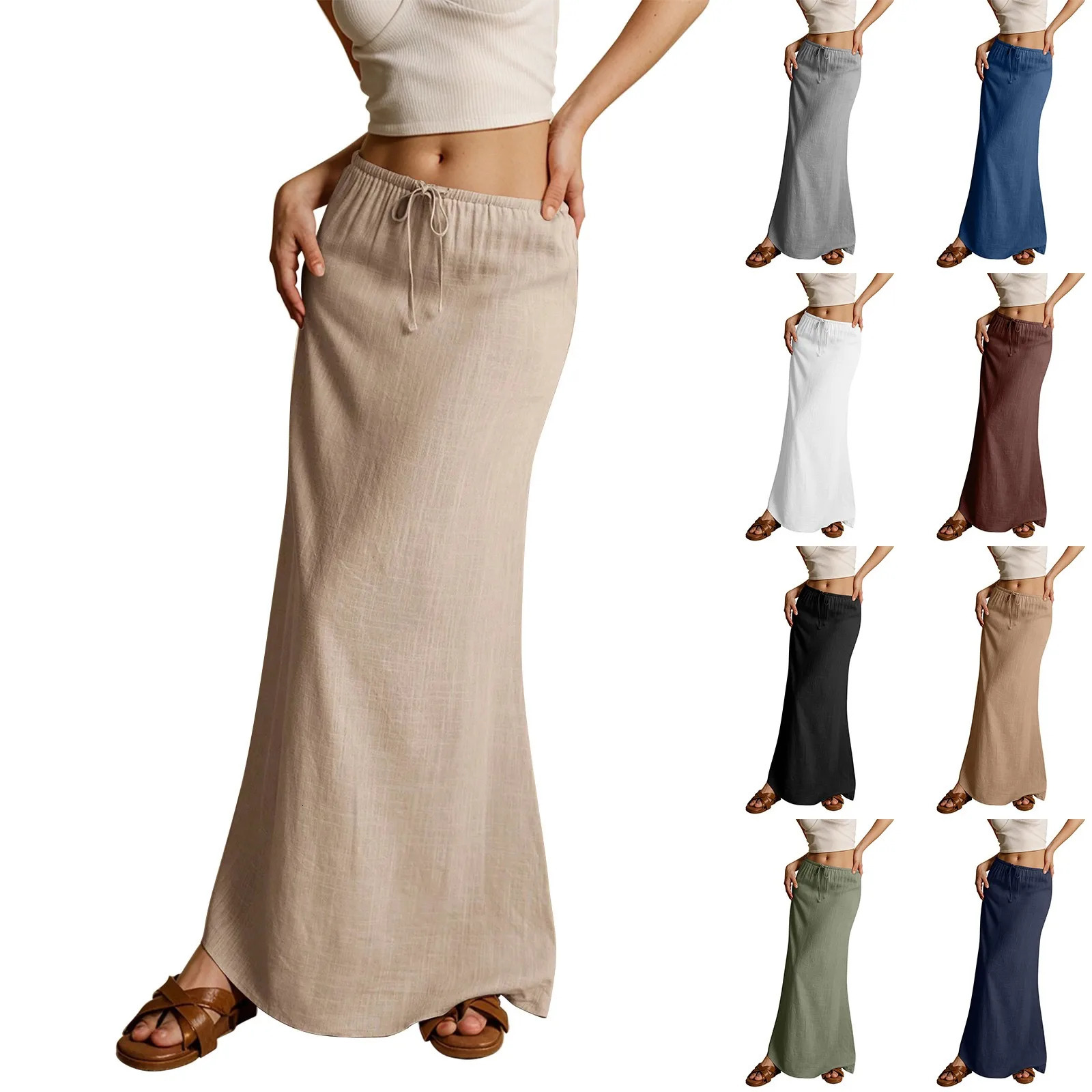 Summer Vacation Womens Summer Maxi Skirt Drawstring Low Waist A Line Casual Skirts Bodycon Long Skirt Beach Womens clothing 250514