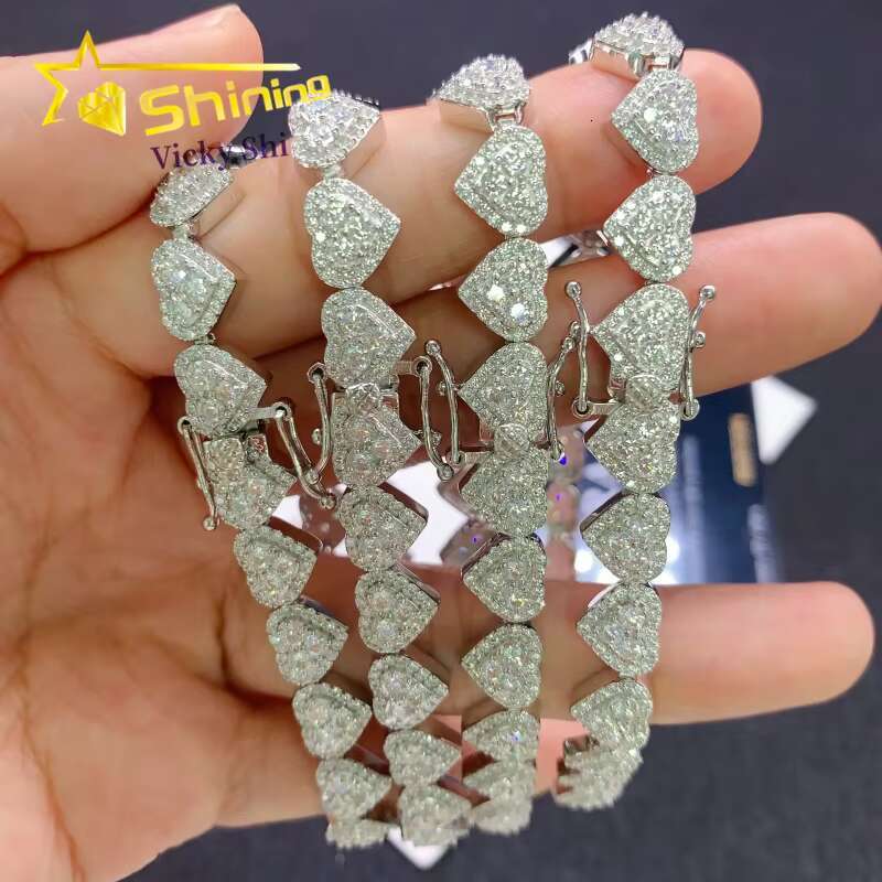 Factory Price Sterling 925 Silver VVS Moissanite Fine Jewelry Iced Out Hip Hop Heart Cuban Link Chain Bracelet