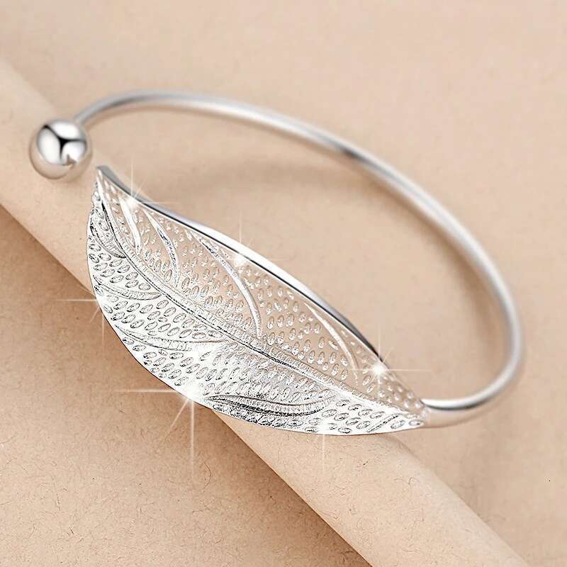 Fashion Sterling Sier Woman Cuff Bracelet Open Leaf Shaped Adjustable Charm Bangle Bracelets Party Jewelry Gifts