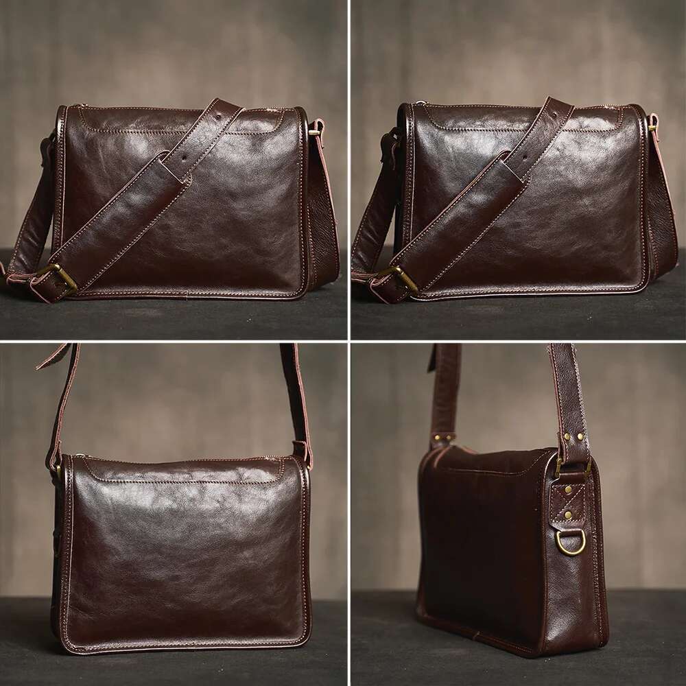 Genuine Men Shoulder Cowhide Leather Crossbody Casual College Style Messenger 12.9 Inch Laptop Bag
