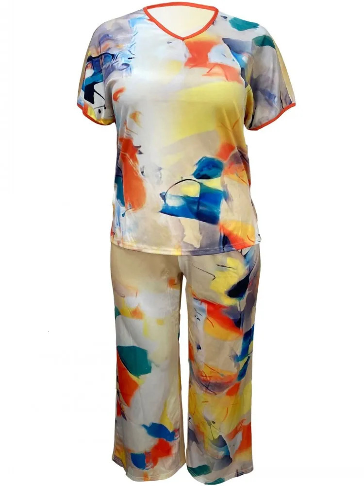 2 Piece Women Sets Arrival Plus Size Summer Matching Sets Print Two Pieces Sets Top Pants Suits Outfits Clothing 250514