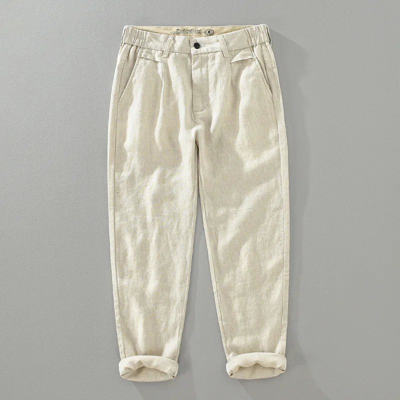 Summer Ankle Length Linen Mens Pants Breathable Pure White Casual For Men Clothing Solid Straight Track Trousers 250515