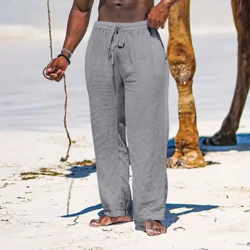 Mens Cotton Linen Pants Casual Loose Straight Lightweight Drawstring Beach Trousers 250515