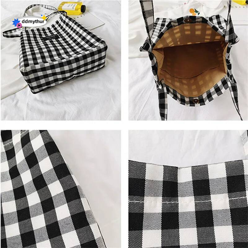 Fashion Simple Women Canvas Handbag Plaid Shoulder Female Wild Black And White Check Tote Campus Style Student Books Bag ddmythur