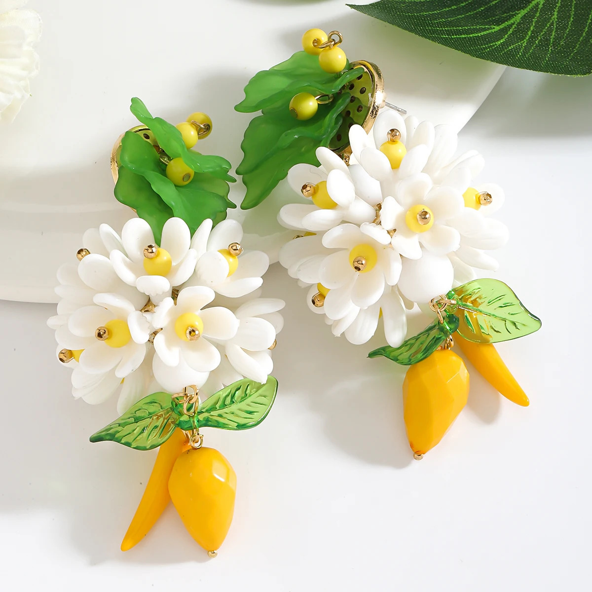 Lady Zaa Flower Earrings with Charms Interesting Three-Dimensional Flower Lemon Earrings Perfect for Beach Vacations 250515