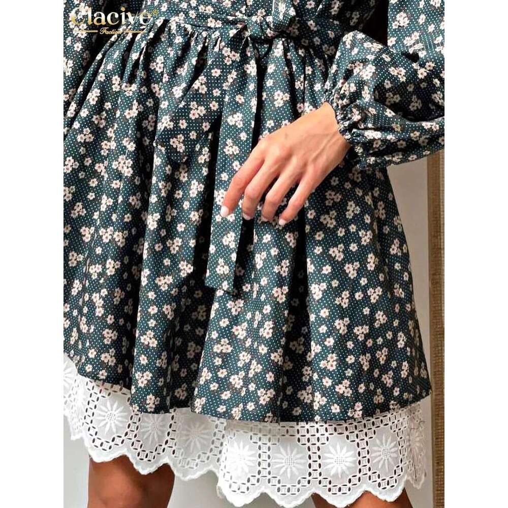 Clacive Fashion Loose Print Ladies Autumn Stand Collar Puff Sleeve Office Mini Dress Elegant Patchwork Dresses For Women