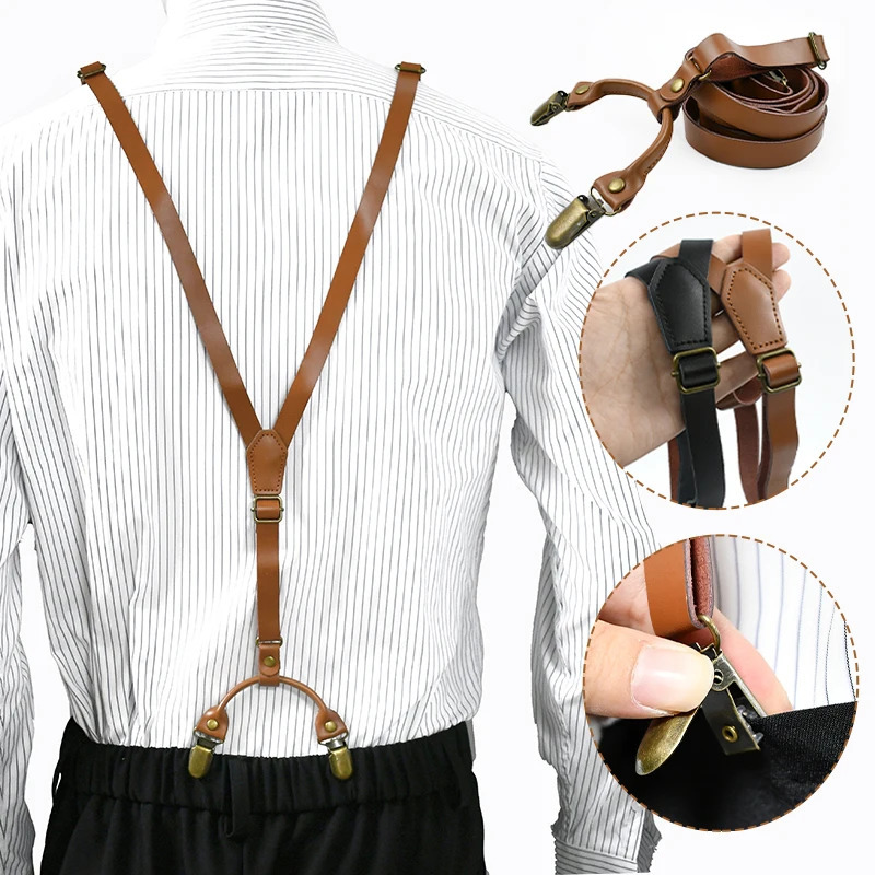 Deepeel Retro Leather Adults Mens Suspenders 4 Clips Y-Type Male Braces 1.5cm Wide Strap Harness Man Jeans Costume Accessories 250515