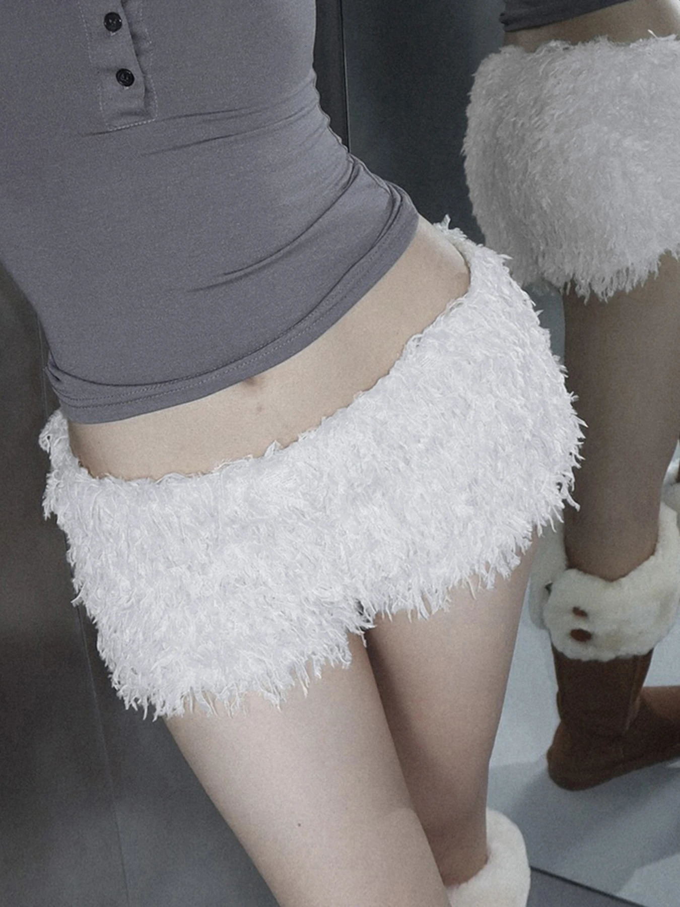 Faux Fur Solid Knitted Womens Short chic Y2K Skinny Simple Low Waist Autumn WInter Basic Pants 250514