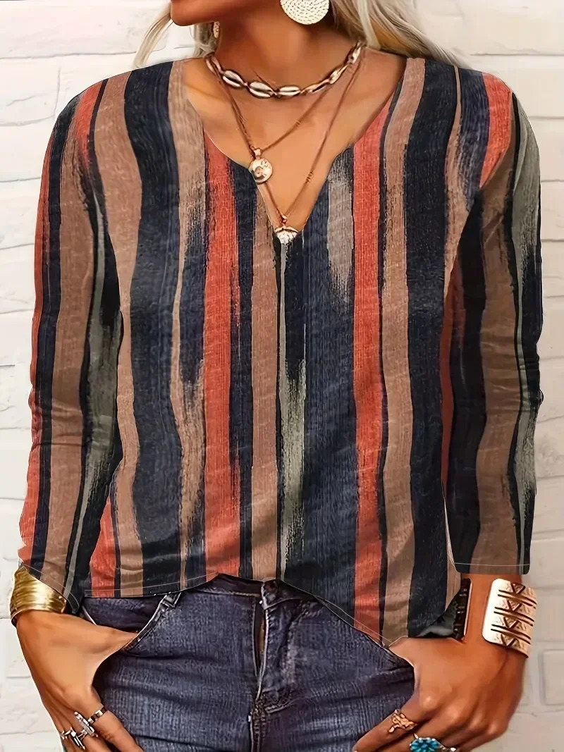 Womens Plus Size 1XL-8XL Casual V-neck Comfortable Long Sleeve Top Ladies Fashion Striped Breathable T-shirt 250514