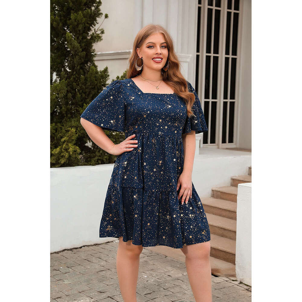 Plus Size Vestido Calf Floral Dress Beach Dress Fulllace Gold Stamping Printing Casual Loose Fitting Cocktail Party Elegant Dress Oversized Womens Clo