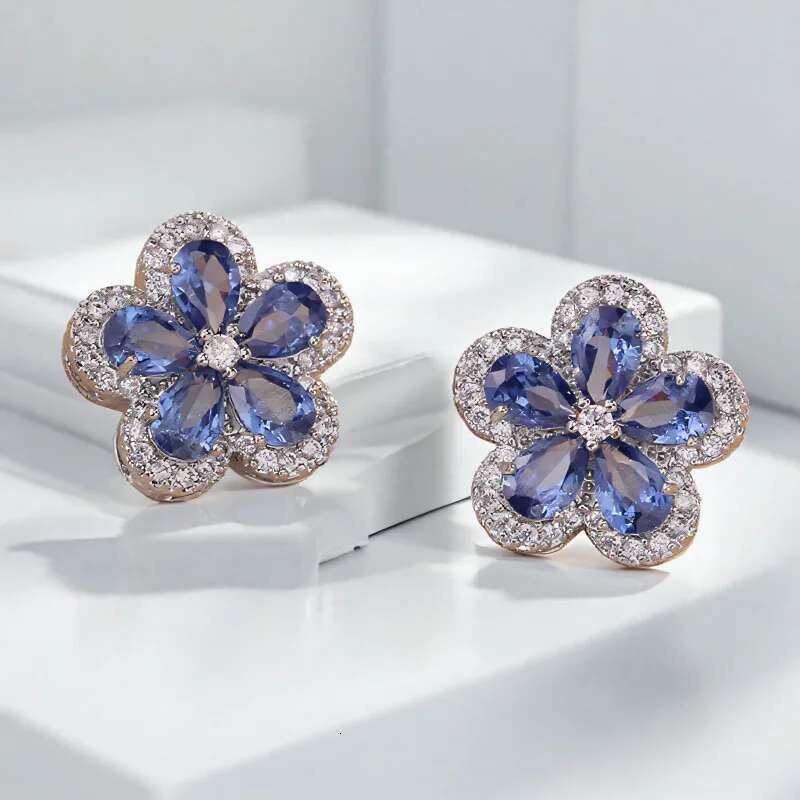 Blue Stone Cherry Flower Pendant Stud Earrings For Women Bridal Wedding Party Zircon Clavicle Necklace Jewelry Sets