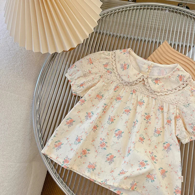 T Shirt Girls Pure Cotton Short Sleeve Doll Shirt Short Sleeve Floral Top Sweet Baby Clothes Style with A Touch of Chinese Trend 250515
