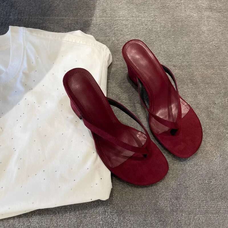 Flip-flops Summer Outside Wear 2025 New Non-slip Red Chunky Toe High-heeled Sandals for Women Sandalias De Mujer