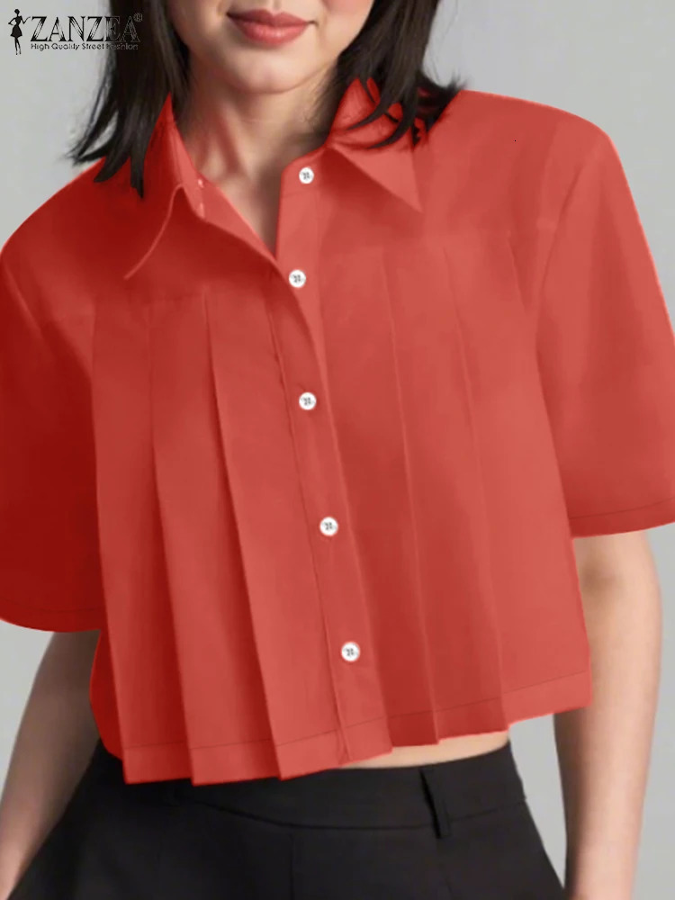 Summer Office Pleated Shirts ZANZEA Fashion Women Lapel Neck Short Sleeve Work OL Blouse Stylish Solid Cropped Tunic Tops 250515