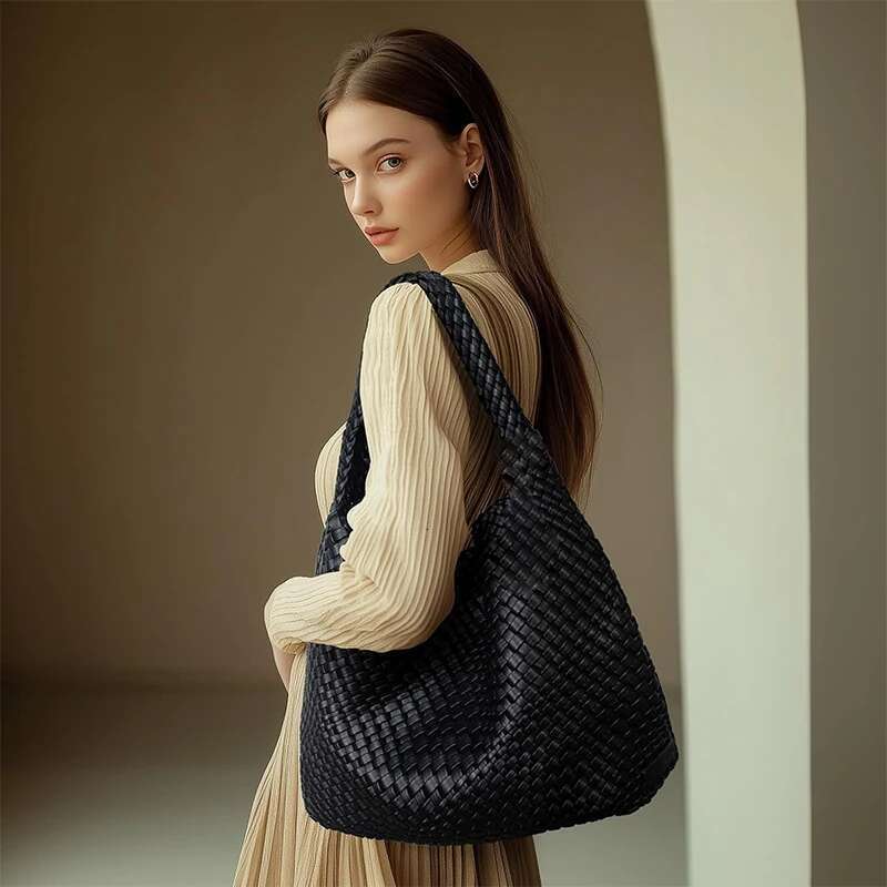 for Women Large Woven Handbag Soft Leather Shoulder Work Shopper Summer Beach Travel Tote Bag with Purse