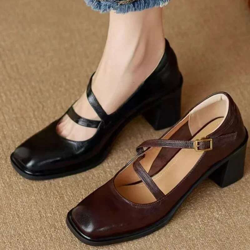 Women High Heels Marie Janes Square Toe Designer Shoes 2025 New Fashion Winter Chunky Buckle Boots Zapatos Mujer