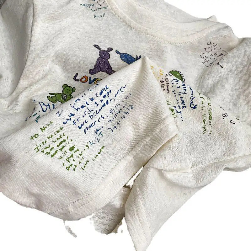 Korean Summer Baby Boy Shirt Pure Cotton Contrat Animal Letter Short Sleeve Kid Boy Tees Soft Round Collar Little Boy Undershirt 250515