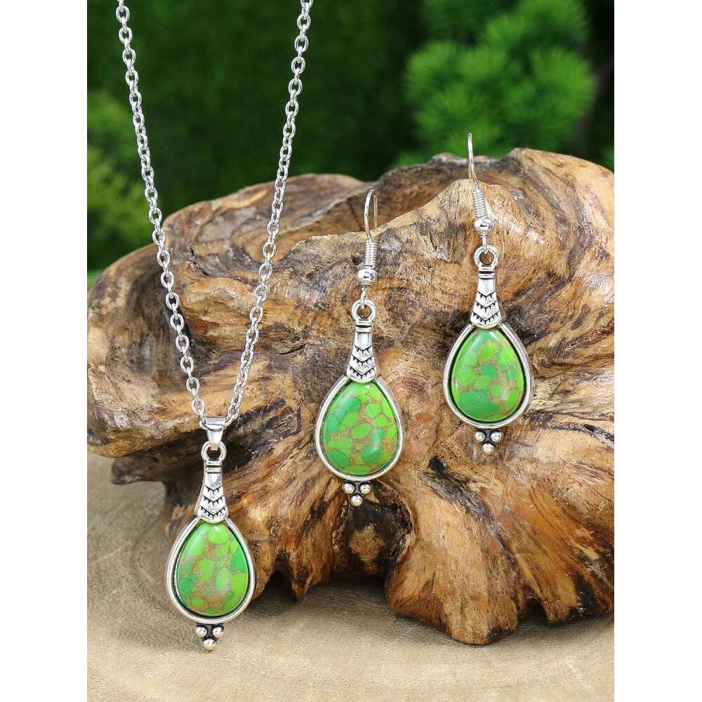 Bohemian Holiday Style Jewelry Set Women's Water Droplet Stone Inlaid Classic Simple Earrings Short Necklace