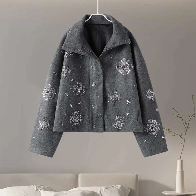Casual Embroidery Beading Loose Women Coat Lapel Collar Bat Sleeve Solid Wool Blend Jacket 2025 New Lady Spring Outerwear
