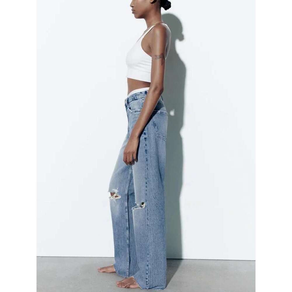 TRAF Women's Loose Hole Decoration High-Waisted Jeans Fashion Versatile Wide-Legged Trousers Elegant Fashion Women's Clothing Designer