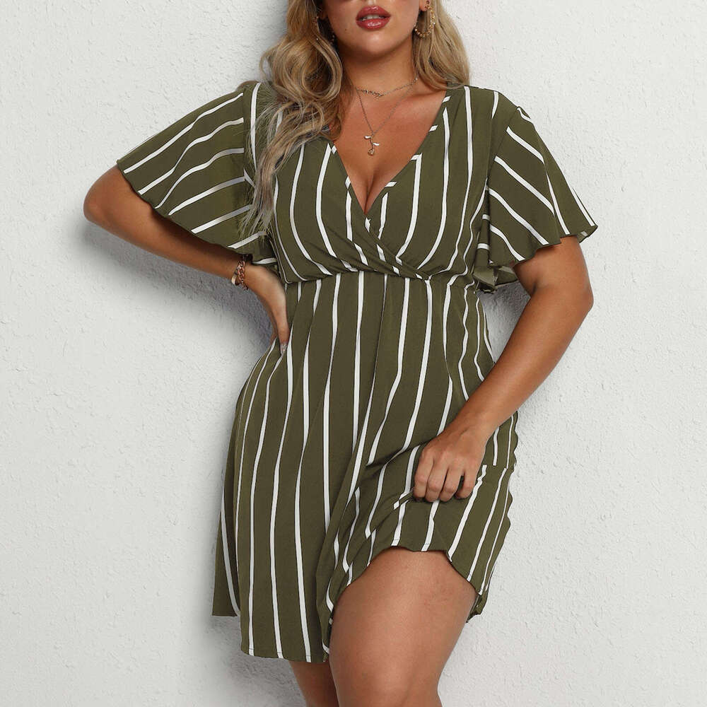 Plus Size Designer Dresses Womandress Womens Designer Clothing Robe Womens Oversized Striped V-neck Short Sleeved with A Loose Waist and Casual Bohemi
