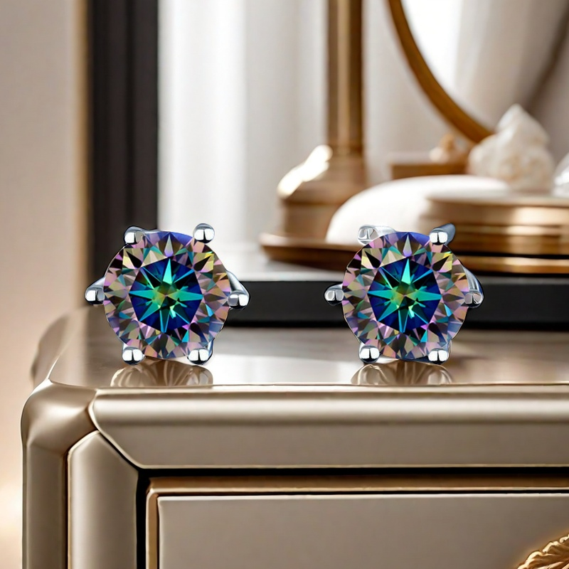 Classic six-prong 925 sterling silver 1/2/4/6CT colorful blue Moissanite stud earrings hot selling High-end style, elegant and fashionable, star style