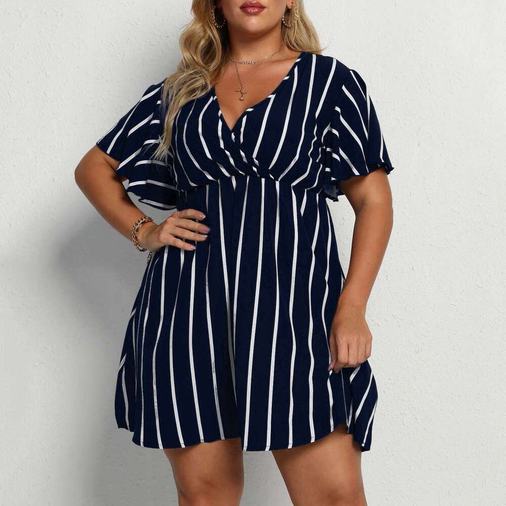 Plus Size Designer Dresses Womandress Womens Designer Clothing Robe Womens Oversized Striped V-neck Short Sleeved with A Loose Waist and Casual Bohemi