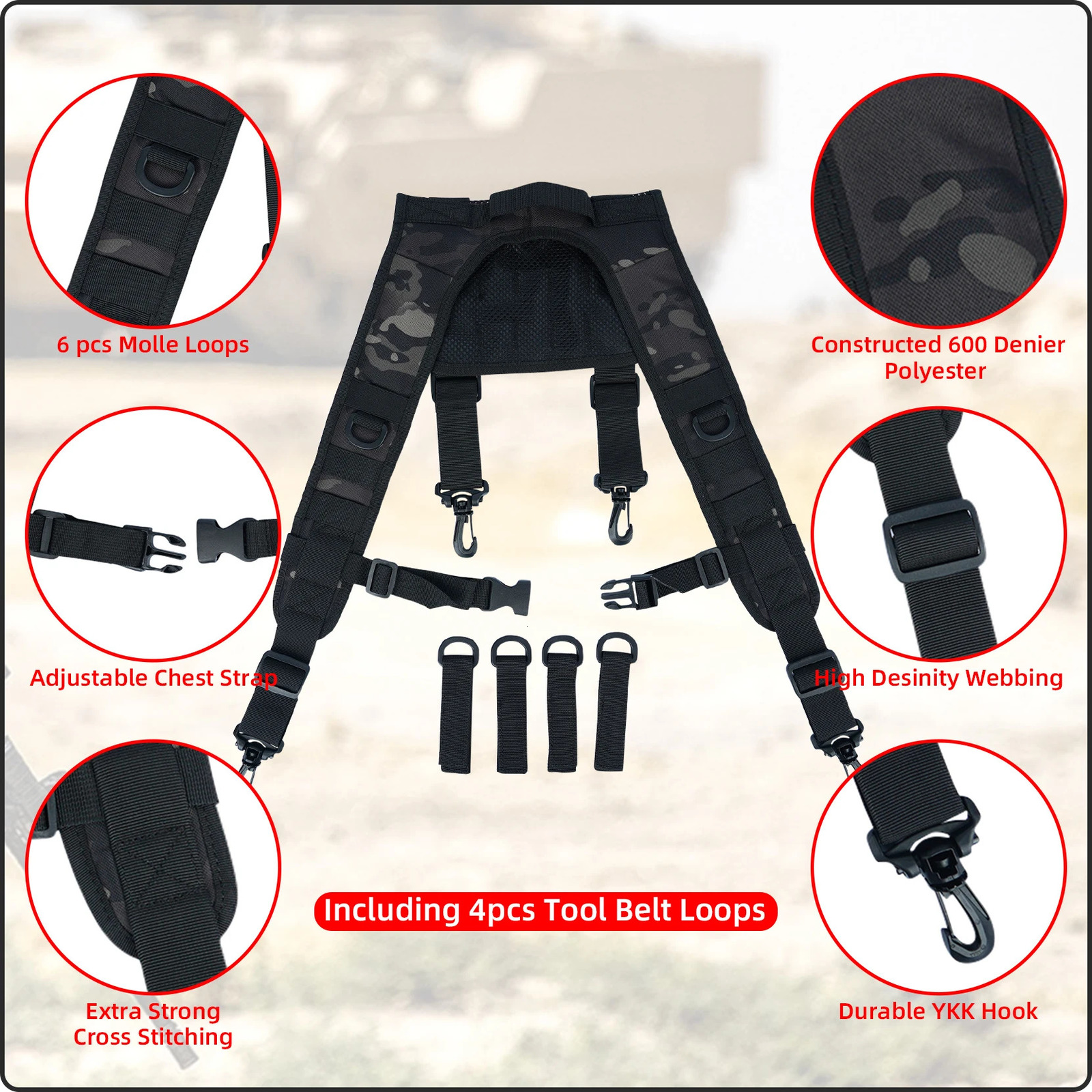 Tactical Suspenders for Duty Belt Harness Law Enforcement with Adjustable Strap and 4 Tool Belt Loops 250515