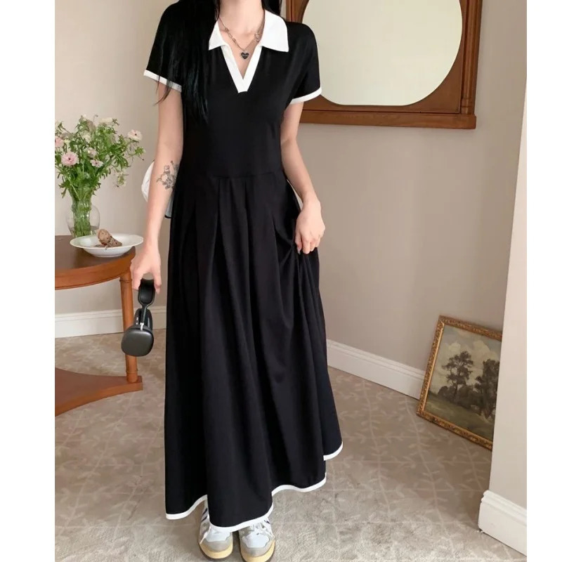 Plus Size Office Ladys Elegant Black Dress Short Sleeve Loose Pleated Midi Casual Matching Vintage Hepburn 250506