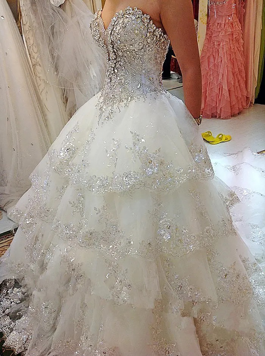 Vestido De Noiva 100% Real Photos Luxury Ball Gown Fluffy Wedding Dresses Plus Size Tulle Lace Crystal Diamond Wedding Gowns 2025 Customize