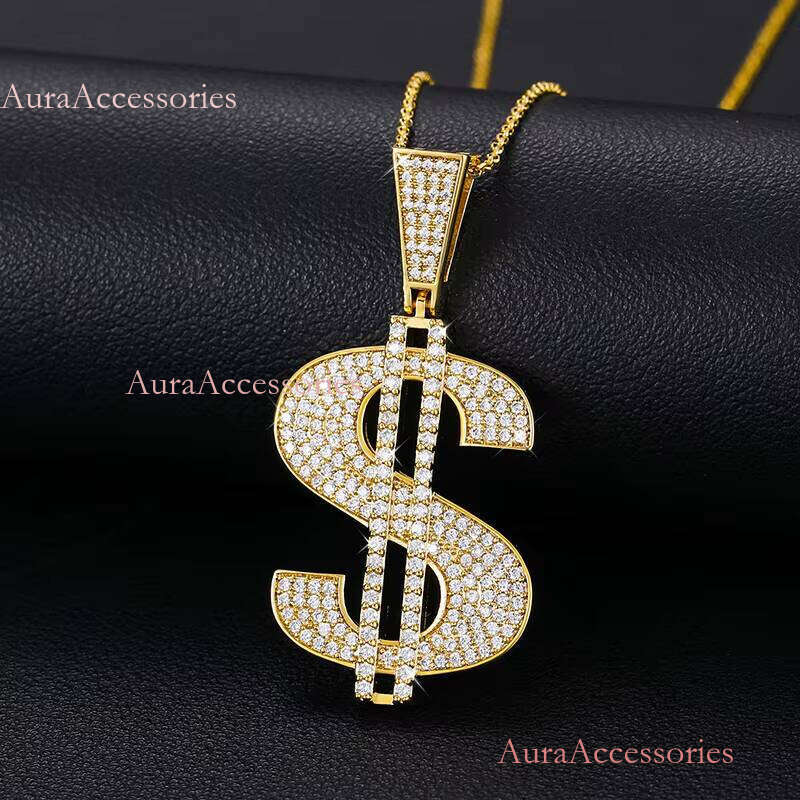 Wholesales Dollar Sign Iced Out Jewelry Gold Plated Sterling Sier VVS Moissanite Dia Hip Hop Pendant Necklace