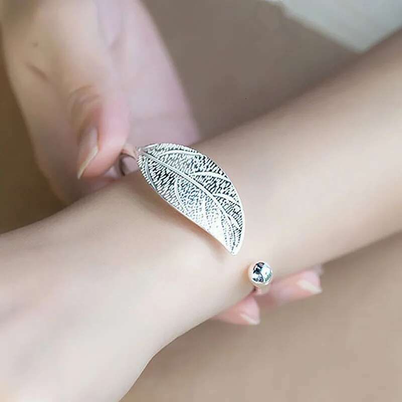 Fashion Sterling Sier Woman Cuff Bracelet Open Leaf Shaped Adjustable Charm Bangle Bracelets Party Jewelry Gifts