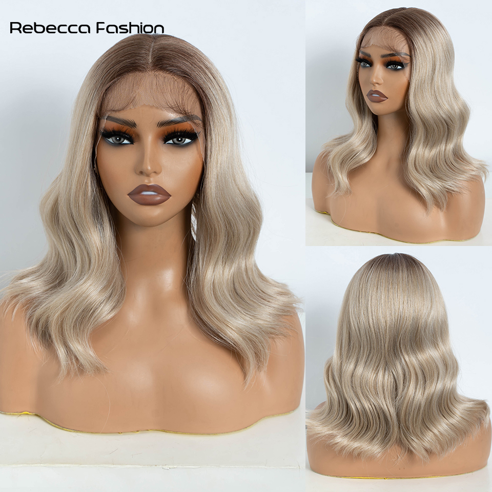 Rebecca Fashion Lace Front Layered Cut Straight 14 Inch Wigs For Women Ombre Blonde Cosplay Synthetic Lace Wig