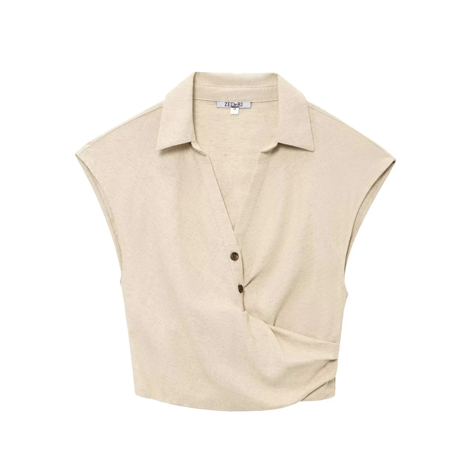 Korean Style Summer Product Fashionable Temperament Linen Blend Pleated Lapel Sleeveless Top Buckle Skirt Set 250515