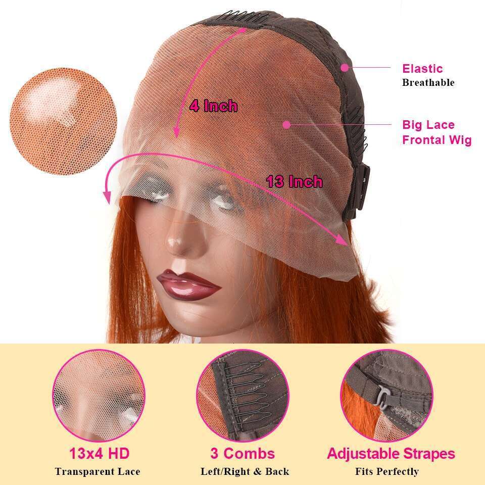 Front Short Bob Wig 350 Ginger Orange Color 13x4 Straight Transparent Lace Frontal Wigs Human Hair For Black Woman 10 Inch