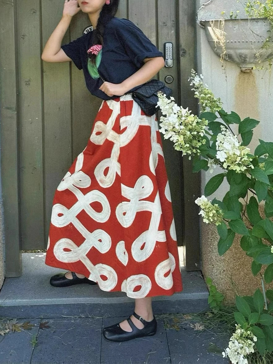 Vintage Summer in High Waist Red Midi Skirt Elastic ALine Flared with HandPainted Print Vacation Style 250515
